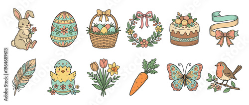 Cute Easter and spring holiday elements collection with bunny, eggs, chick, flowers, and festive decorations in a charming hand-drawn style.