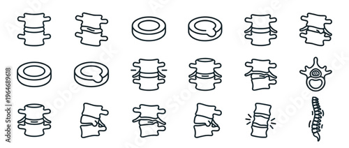 Human spine anatomy, vertebrae, and intervertebral discs depicted in a comprehensive set of medical line icons.