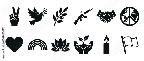 Peace symbols, harmony icons, and unity signs representing hope, love, and environmental care in a collection of vector graphics.