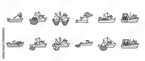 Collection of various fishing boats and marine vessels with nets, depicting different aspects of commercial and recreational fishing activities.