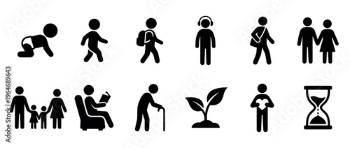 Human life cycle stages and development icons representing growth, family, education, aging, and the passage of time.