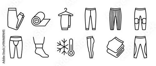 Collection of thermal underwear and base layer clothing line icons for cold weather apparel and comfort.