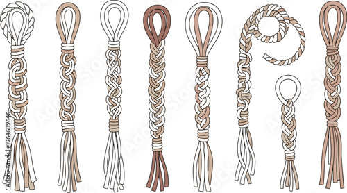 Handcrafted macramé rope tassel vector set with braided cords and woven fringes for bohemian craft and rustic decor designs,
