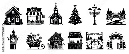 Christmas winter town icons set featuring various festive buildings, decorations, and activities in a charming silhouette style.