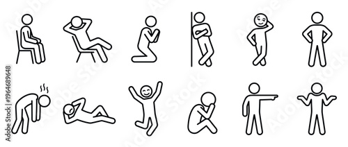 Stick figures showing various human poses, emotions, and actions, representing different feelings and body language.
