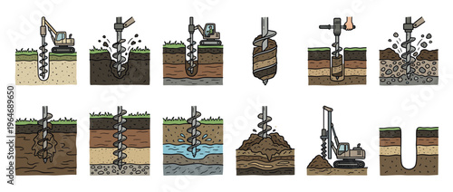 Auger drilling process diagram illustrating various stages of ground penetration, soil types, and excavation equipment.