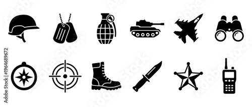 Military icons collection featuring army equipment, combat symbols, and soldier gear for various defense and warfare concepts.