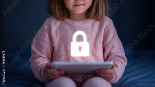 A young girl in a pink sweater holds a tablet with a glowing lock symbol, representing digital privacy and security in technology use by children.