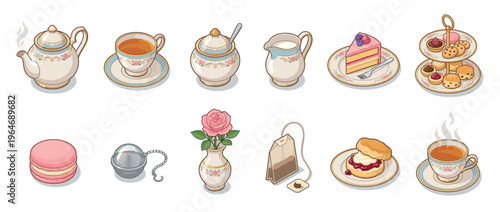 Elegant afternoon tea set with teapot, teacups, pastries, cake, and various sweet treats for a delightful tea party experience.