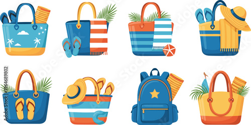 Summer beach bag vector icon set with colorful tote bags accessories flip flops hats and towels for vacation travel designs