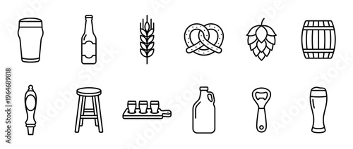 Beer icons and brewing symbols collection featuring various elements like glasses, bottles, hops, and a pretzel, representing the craft beer industry.
