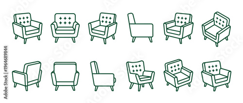 Armchairs vector illustration set showing various angles of comfortable single-seater lounge furniture for home or office decor.