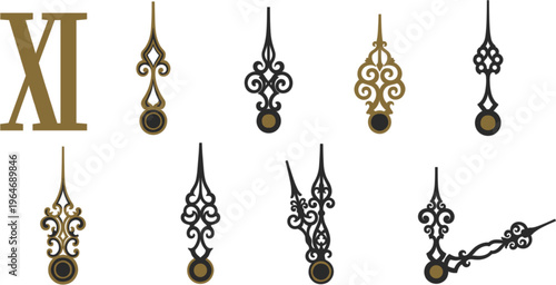 Vintage clock hands vector set with ornate filigree metal needles and Roman numeral for antique timekeeping and classic design,