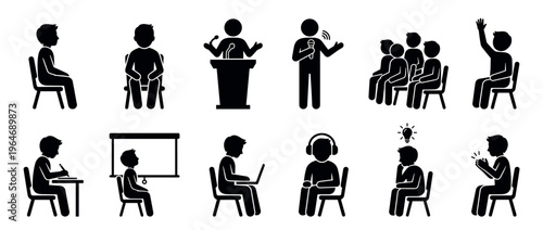 Stick figures illustrating various human activities including speaking, listening, learning, presenting, and interacting in different settings.