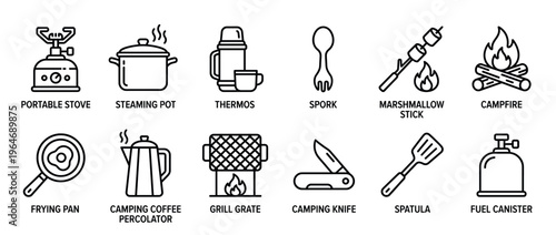 Collection of line art icons depicting essential camping and outdoor cooking equipment for adventure and wilderness activities.