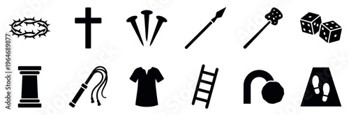 Passion symbols and religious icons representing the crucifixion of Christ, depicted as a collection of black silhouettes for spiritual and educational themes.