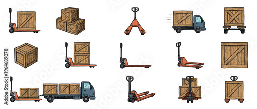 Logistics equipment and wooden crates vector illustrations depicting various stages of shipping, delivery, and warehouse operations.