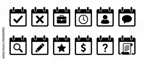 Collection of black and white calendar icons representing various tasks, events, and scheduling functions for digital interfaces and applications.