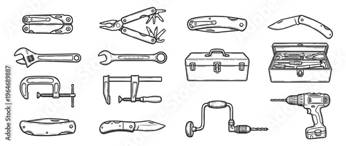 Various hand tools and power tools, including wrenches, clamps, knives, drills, and a toolbox, depicted in a detailed line art illustration.