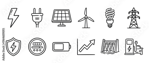 Electricity energy power icons set illustrating sustainable sources, consumption, and transmission concepts in a hand-drawn style.