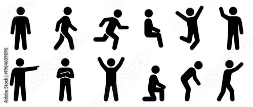Stick figures illustrating various human actions and poses, including standing, walking, running, sitting, jumping, and gesturing.