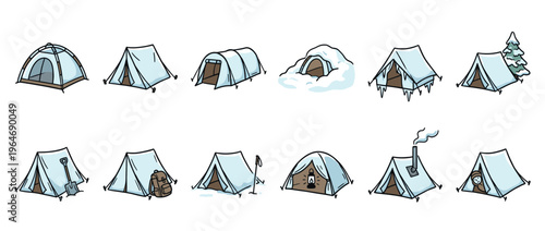 Winter camping tents and shelters collection featuring various designs for cold weather outdoor adventures and expeditions in snowy environments.
