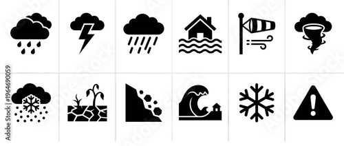 Natural disaster weather hazard icons set depicting various environmental threats and extreme climate conditions for warning and information.