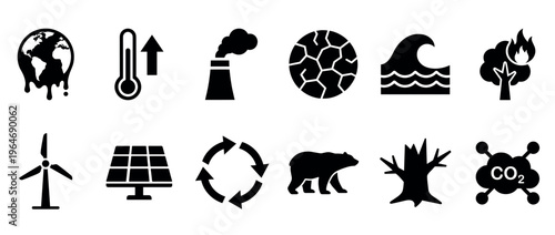 Environmental icons illustrating climate change, global warming, pollution, and sustainable energy solutions.