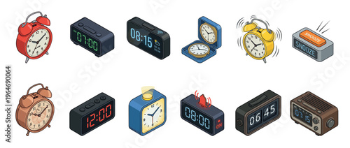 Diverse collection of isometric alarm clocks, including analog, digital, and radio models, showcasing various designs and functionalities for waking up.
