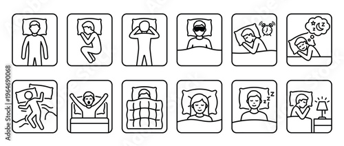 Collection of line art icons illustrating various sleeping positions, bedtime routines, and sleep-related activities for health and wellness.