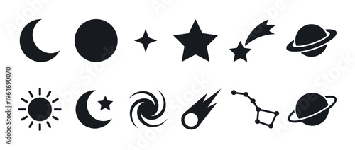 Celestial bodies, space icons, and astronomy symbols collection featuring moons, stars, sun, planets, comets, and constellations for cosmic design.