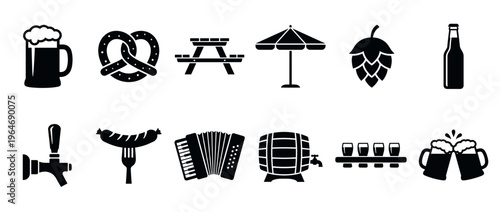 Beer festival icons set featuring traditional food, drinks, and entertainment elements for celebration designs and event promotions.