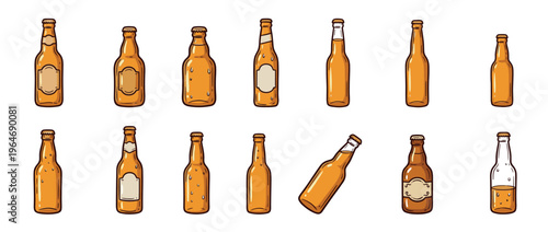 Beer bottles collection in a charming hand-drawn cartoon style, featuring various shapes and levels of liquid, perfect for beverage-related designs.