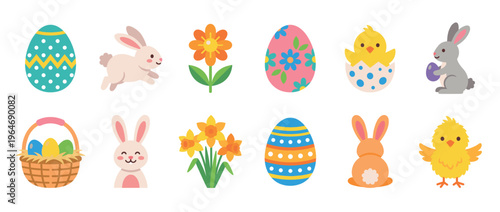 Cute Easter eggs, bunnies, chicks, and flowers vector illustration set for spring holiday celebration and decoration.