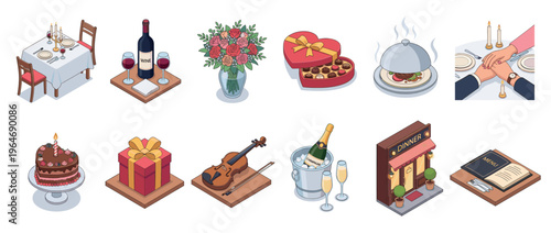 Isometric illustrations of romantic dinner and celebration elements, featuring food, drinks, gifts, and music for special occasions.