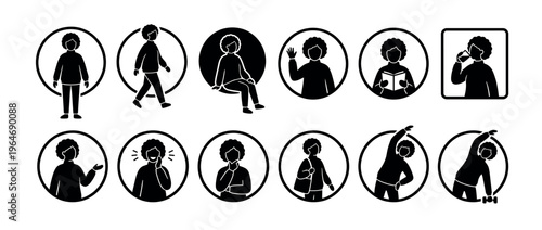 Person performing various daily activities and gestures, including standing, walking, sitting, reading, drinking, and exercising, depicted as a set of silhouette icons.