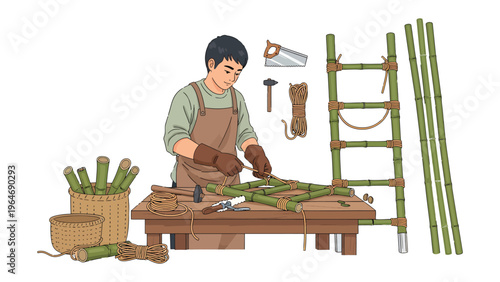 Bamboo Craftsmanship: An artisan meticulously works with fresh bamboo, creating intricate structures, surrounded by traditional tools and raw materials.