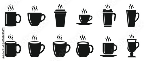 Hot beverage cups and mugs icon set with steam, featuring various styles for coffee and tea drinks