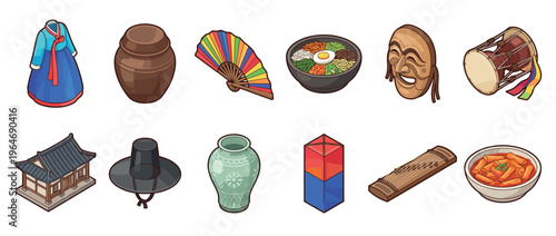 Korean cultural icons and traditional objects including hanbok, bibimbap, janggu drum, and a traditional house, representing heritage and customs.