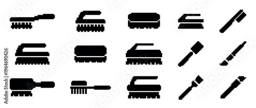 Collection of pixel art brush icons featuring various cleaning, scrubbing, and painting tools for digital design and user interface elements.