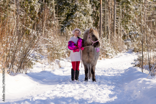 Happy Valentine's Day horse and rider with pink heart shaped shiny balloons.