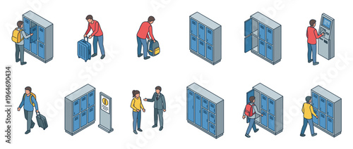 Lockers and luggage storage service with people interacting, placing bags, and using automated systems in an isometric illustration.