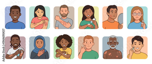 Diverse people experiencing various skin conditions and applying topical treatments for relief and care.