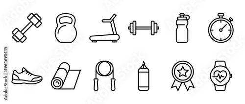 Fitness icons collection featuring various exercise equipment, gym accessories, and health tracking devices in a clean outline style.