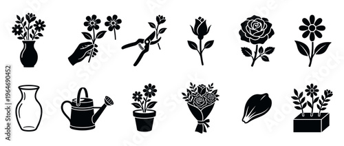 Various floral and gardening icons set, including flowers in vases, bouquets, potted plants, and essential garden tools.