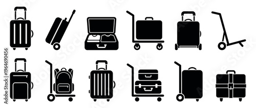 Collection of various black silhouette luggage icons including suitcases, travel bags, and trolleys for travel and transportation concepts.