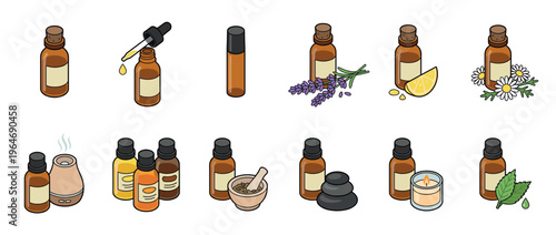 Essential oil bottles and aromatherapy accessories with natural ingredients like lavender, lemon, and mint for holistic wellness and relaxation.