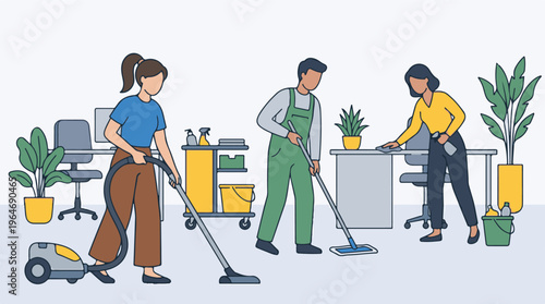 Professional cleaning team maintaining hygiene in modern office