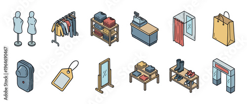 Retail store elements, shopping equipment, and clothing accessories isometric vector illustration set for fashion business.