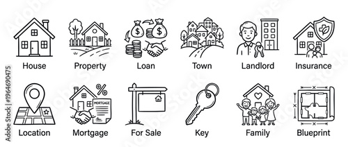 Real estate and property related line art icons set, including house, loan, mortgage, insurance, and blueprint symbols.